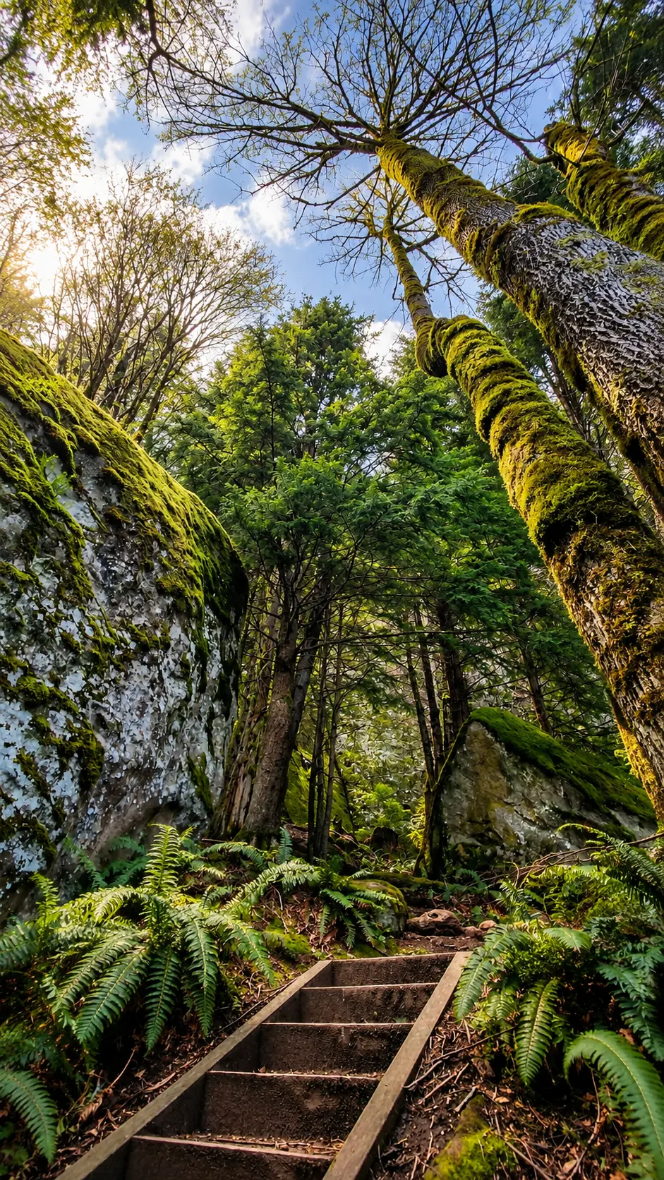 Moss-covered trees towering over stone stairs and sword ferns on a Washington forest trail